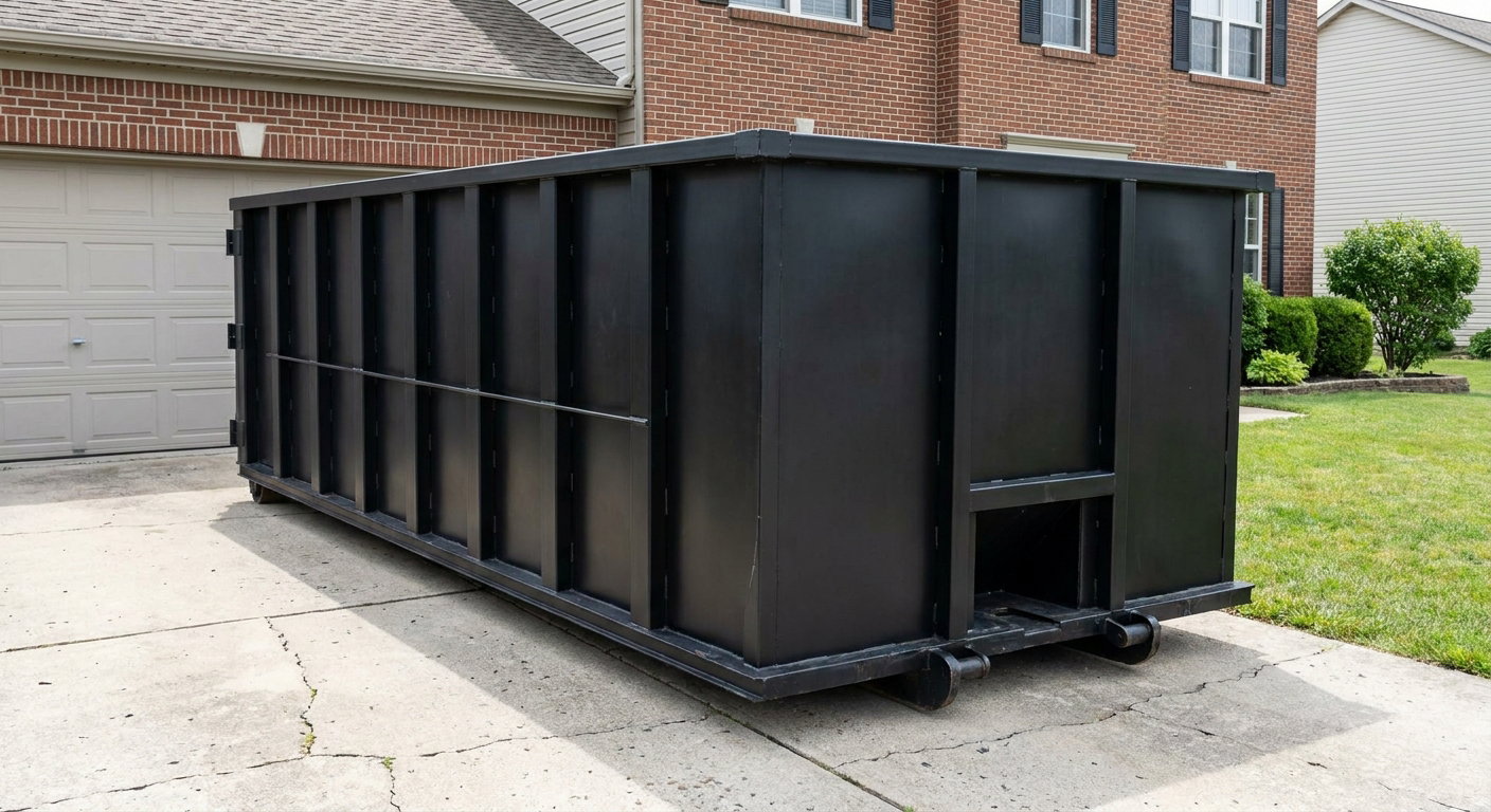 Matte-black 20-yard roll-off container on a Tiverton residential concrete driveway with reinforced ribbed steel sidewalls and a hinged rear walk-in door, clean bright daylight.