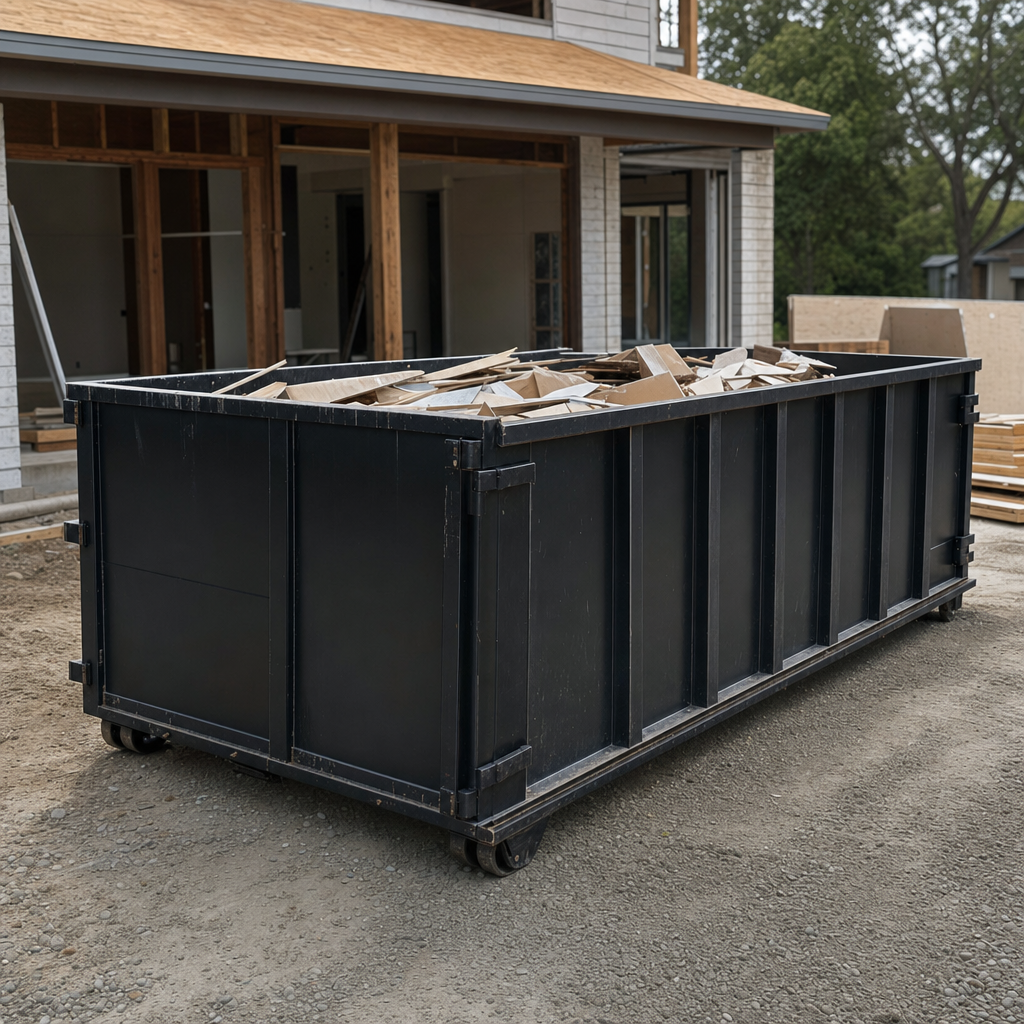 Large matte-black 30-yard construction roll-off dumpster at an active Tiverton jobsite, steel-gray top rails and bottom rollers visible, loaded with construction debris.