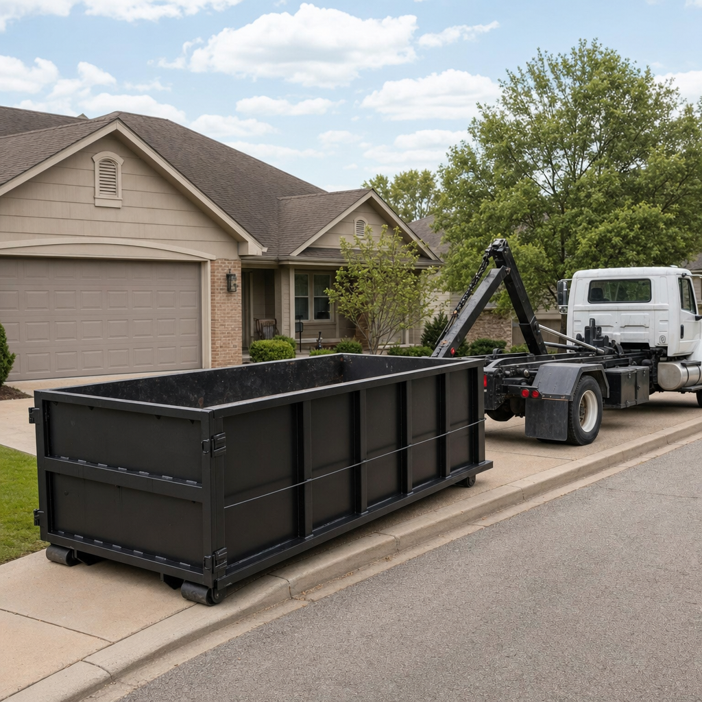 Wide documentary shot of a matte-black roll-off dumpster on a Tiverton residential driveway in the foreground and a contractor jobsite container in the soft-focus background, bright daylight, calm and orderly composition.